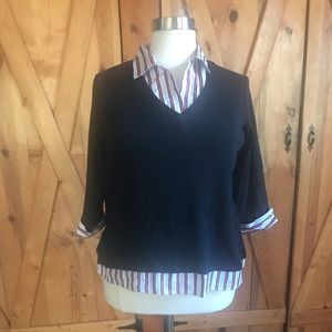 Layered look sweater and striped button up shirt